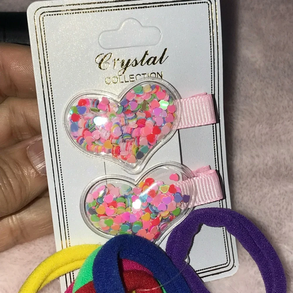 ✨✨5/$10✨✨ Crystal Collection Heart Hair Clips and Colorful Hair Ties Set New - Picture 2 of 9